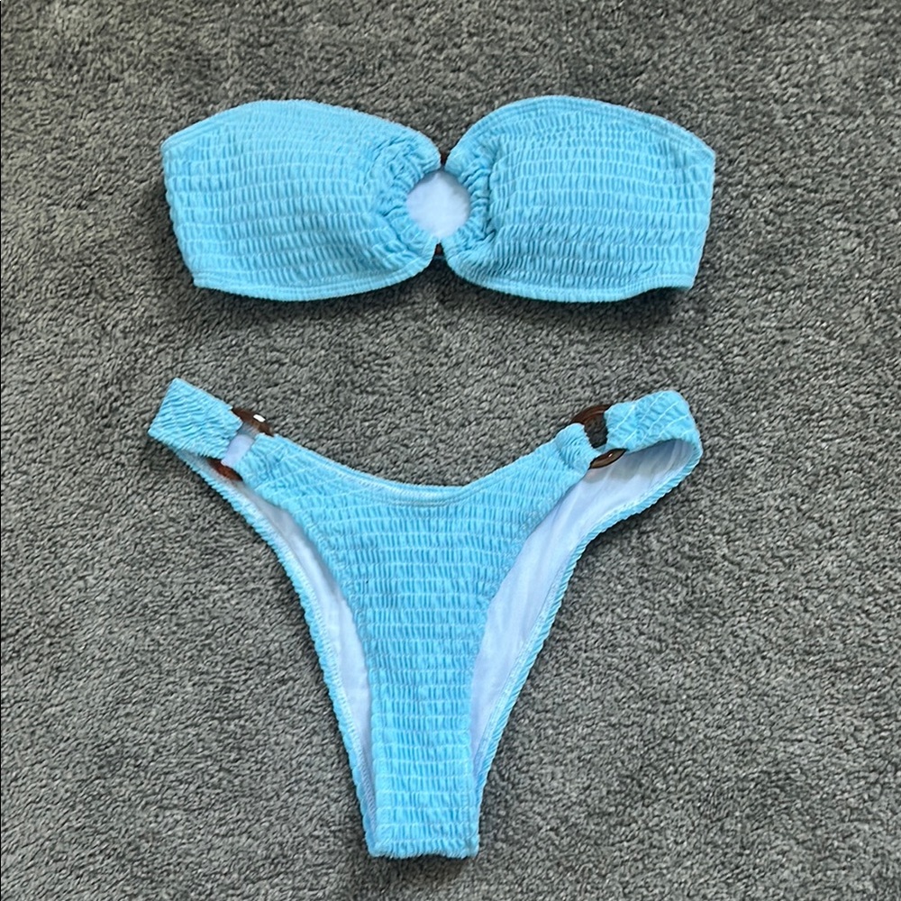 Blue Textured Bandeau Bikini Set